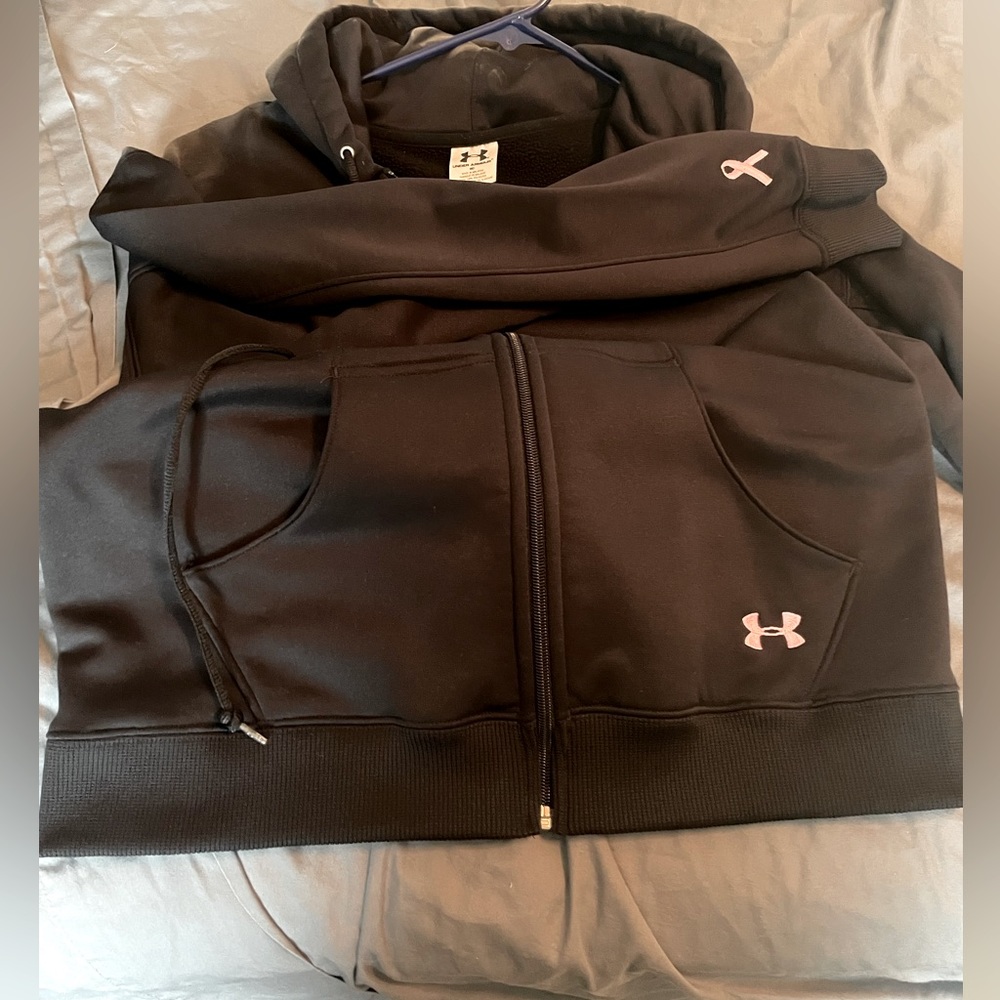 Women’s Under Armour Front Zip Hooded Jacket. Breast Cancer Logo